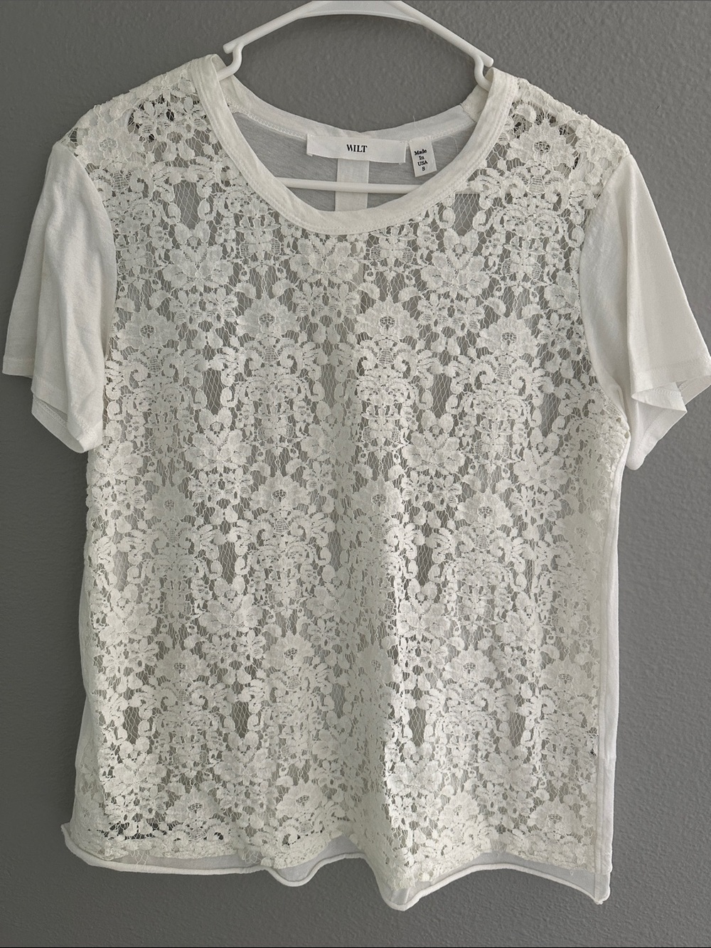 New WILT Cotton White Short Sleeve Lace Front Tee. Size S.